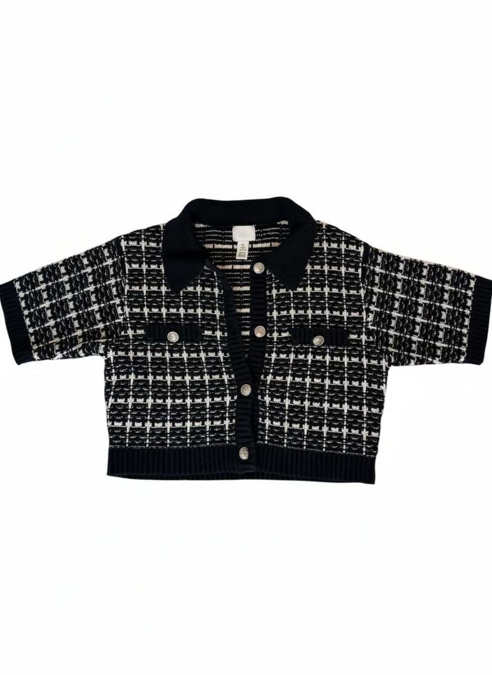 H&M Black & White Tweed Knit Polo Cardigan Sweater | Cropped | Size L